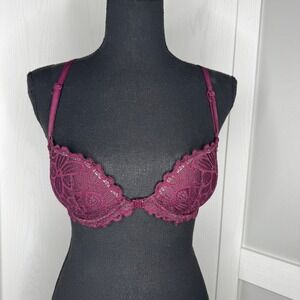 Victoria's‎ Secret PINK Date Racerback Bra Women 32B Burgundy Lace Front Close